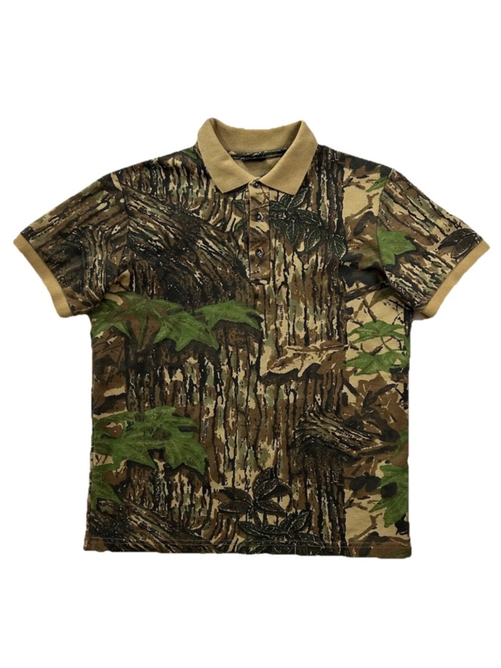 VTG 90s Rattlers Brand Realtree Camo Polo Shirt M Made In USA Hunting Cotton AOP